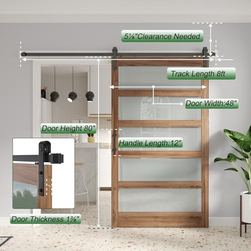 Image of FREDBECK 48 x 80 inch Glass Barn Door with 8FT Barn Door Hardware Kit & Handle Included,5-Panel Frosted Glass,Wood Panel, Water-Proof Surface,Pre-Drilled Holes,Need Assembly