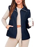 Glamaker Sherpa Vest Faux Fur Coat Warm Fall Outdoor Puffy Cropped Vest Patchwork Loose Fuzzy Cardigans with Pocket (Navy L)