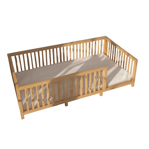 Image of Montessori Floor Bed Designed with Open Front for Girls and Boys | Pine Wood Natural Solid Frame Beds Footed Model with Slats | Sturdy Designed Floor Bed Frame for Kids (Queen, Height : 23 Inches)