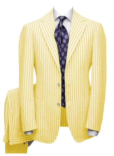 Seersucker Suit Mens Casual 2 Piece Striped Mens Suit Leisure 2 Button Notch Lapel Tuxedo for Summer Wedding Grooms