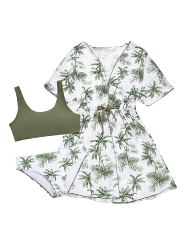 Image of QJQ Girl's 3 Piece Swimsuits Floral Tropical Bathing Suit Cute Bikini Sets with Swimwear Cover Up Kimono