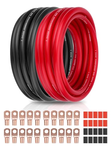 1/0 AWG 40FT Copper Clad Aluminum Battery Cable Kit 0 Gauge 20FT Red + 20FT Black CCA Power/Ground Wire with 20PCS Ring Terminals & 3:1 Heat Shrink Tubing for Car Audio RV Solar Inverter