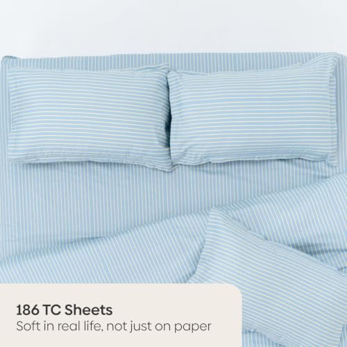 Image of Haus & Kinder King Size Bedsheet 108 x 108 | 186 TC Pure Cotton Bedsheets for Double Bed King Size with 2 Pillow Covers | King Size Bed Sheet Cotton | Seiran Stripe Blue Breeze