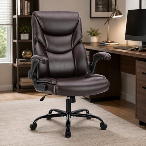 Image of Ergonomic PU Leather Office Chair - Executive Computer Desk Chair with Lumbar Support & Wide Seat, Adjustable Height Task Chair with 360 Swivel & Quiet Wheels for Home Office, Gaming, Brown