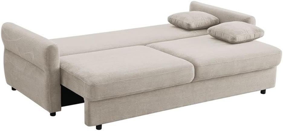 BOWERY HILL Fabric Upholstered Sofa with Queen Size Sleeper, Beige Finish, 92" W x 42" D x 37" H, Contemporary Style with 2 Pillows, Hardwood Frame, Spacious Living Room Seating and Sleeping Solution