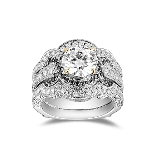 DovEggs 3.1ctw Center 8mm G-H-I Color Cut Moissanite Halo Black Moissanite Engagement Ring 14K Gold Quality Silver Curved Enhancer Guard Wedding Band Bridal Set with Accents for Women(6)