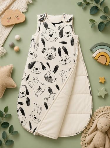 Image of TuddyBuddy Baby Cotton Wearable Quilted Sleeping Bag Blanket 1.5 Tog with 1 Way Zipper Closure | Ideal for Babies & Kids Hypoallergenic Fabrics | (Black Graphic Cartoons - Black & Beige, 2-3 Years)