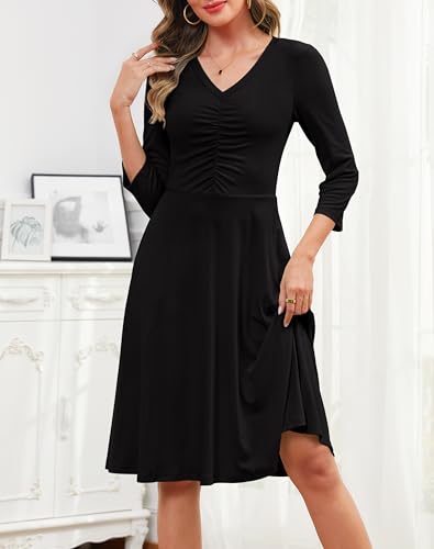 Annebouti Womens 2025 Fall Trendy 3/4 Sleeve A-Line Ruched V Neck Floral Midi Dress with Pockets2