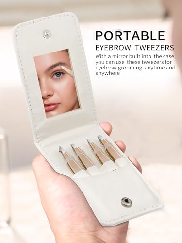 Tweezers Set for Women Facial Hair: 4Pcs Stainless Steel Eyebrow Tweezer Set with Travel Mirror Case, Suitable for Everyday Use in Car, Purse