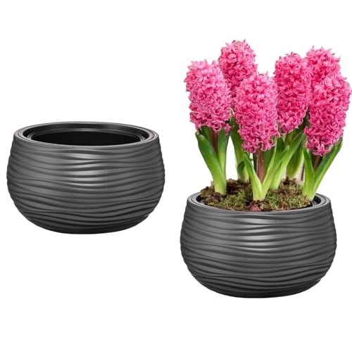 MELTOM Blumentopf mit Herausnehmbaren Einsatz Schale Rund Wellen Blumenkübel 3D Effekt (Anthrazit)