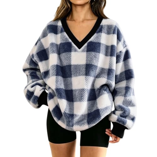 Dark Blue Sweatshirt for Women Flannel Plaid V Neck Oversized Pullover Tops - image 1