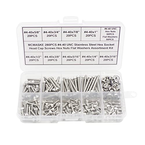 MCMASKE 280PCS #4-40 UNC Stainless Steel Socket Head Cap Screws Hex Nuts Flat Washers Assortment Kit