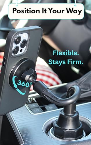 Cup Phone Holder for Car, Magnetic – Compatible with MagSafe, Secure Magnetic Mount, Stability-Enhanced Expandable Base, Flexible Reinforced Gooseneck, Works with iPhone, Galaxy, Pixel [Not Charger]