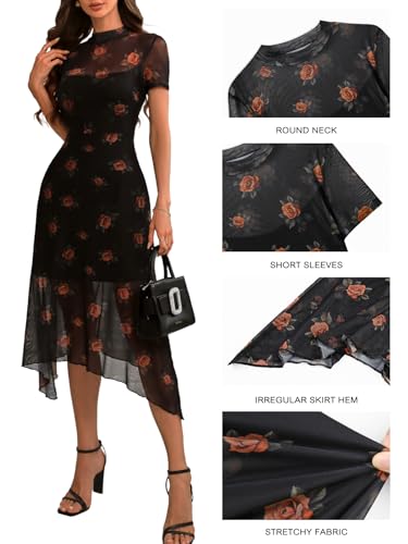 Image of GothDark Women Summer Wedding Guest Floral Mesh Irregular Hem Midi Dress | A-Line, Short Sleeve, Sheer Mesh Overlay, Elegant Vintage Dresses For Party, Semi Formal, Vacation, Dinner, Church