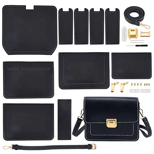 WADORN 30pcs Kit de Fabrication de Sac à Bandoulière en Cuir Bricolage, Sac à Tricoter en Cuir Noir au Crochet Faisant des Accessoires de Couture à la Main Sac de Messager Faisant des Matériaux Cover