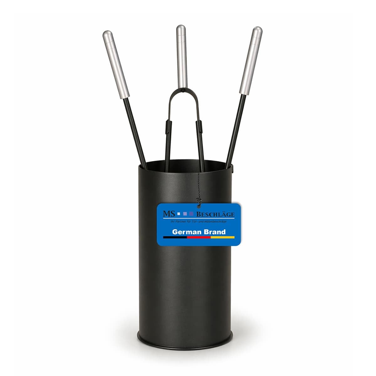 MS Beschläge Kaminbesteck 4-teilig schwarz pulverbeschichtet - Stahl Ofenbesteck mit Behälter & Edelstahlgriffen - Kamingarnitur modern Kamin Zubehör mit Zange Schaufel Besen - Kaminofen-Set elegant