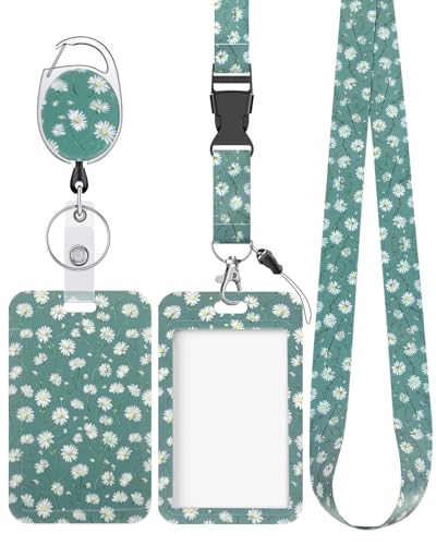 Uniclife Blumen Schiebe Ausweishülle Weiße Gänseblümchen-Plastikhülle mit einziehbarer Halterung, Karabinerclip & abnehmbarem Lanyard Modischer vertikaler Kartenschutz für Frauen Lehrer & Schüler Grün