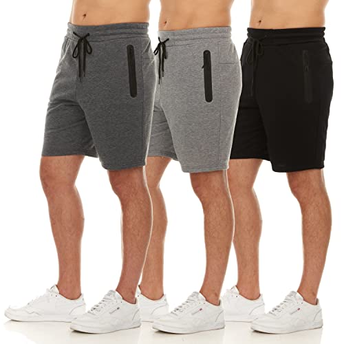 PURE CHAMP Mens 3 Pk French Terry Cotton Casual Gym Shorts for Men Athletic Workout Training Sweat Shorts with Zipper Pocket2