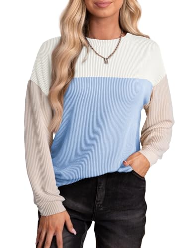 EVALESS Long Sleeve Shirts for Women Fashion 2024 Trendy Loose Fit Oversized V Neck Tops Color Block Stretchy Knit Lightweight Tunic Blue XX-Large