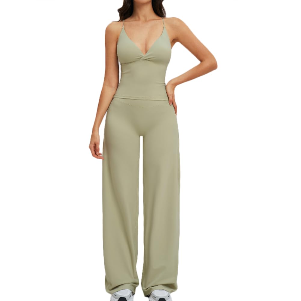 XYFfybhsd Women Wide-Leg Pants Beautiful Yoga Set Casual Running Cycling Fitness Two-Piece Activewear(Size:XL,Color:Green)