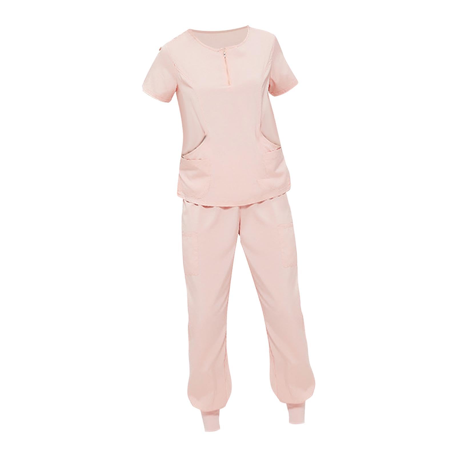 kowaku Conjunto de uniformes exfoliantes con bolsillos, Top y pantalones de enfermera, cintura elástica de verano, manga corta para salón de belleza, M
