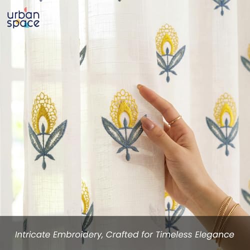 Image of Urban Space Cotton Sheer Curtain pack of 1, Embroidered Semi Transparent Window Curtains 5 feet for Living Room, Bedroom & Balcony, 1 Pc Curtain with Eyelets and Tieback (Saanjhi Yellow Teal - 5 feet)