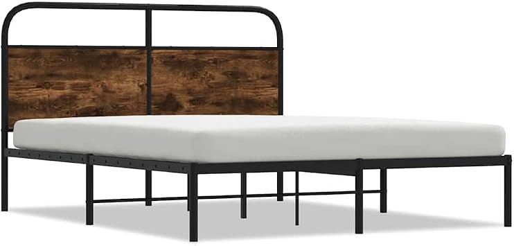 Bed Frame Double 135x190 cm Smoked Oak Engineered Wood with Steel Slatted Base Headboard Sturdy Bedroom Furniture with Clearance for Storage and Comfortable Back Support