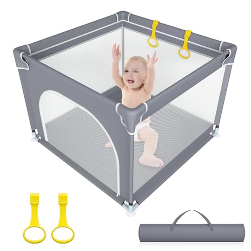 Laufstall Baby 90x90cm, Laufgitter Baby mit Rutschfester Basis und Atmungsaktivem Netz, Kinder Sicherheitsspielplatz, Laufgitter 300D Oxford Gewebe, mit 2 Pull Rings, für Drinnen & Draußen