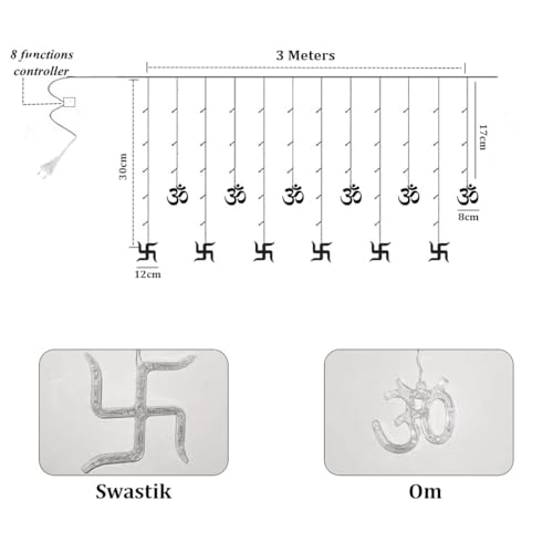 Image of fizzytech Om Swastik Curtain String Lights with 8 Lighting Modes, Warm White Decorative Hanging Fairy Lights for Home, Temple, Diwali, Christmas, Bedroom, Window & Party Decoration