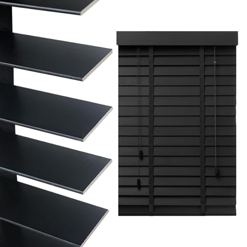 2' Slats Cordless Window Blinds Faux Wood Blind 20' 28' 32' 40' 48' 60' 64' 70'' Horizontal Wooden Venetian Blinds & Shades, Blackout Darkening Privacy Blinds for Bedroom Bathroom Living Room(Black)