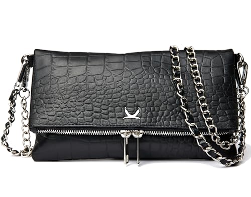 Genérico Bolso Croco - Envio 24 h - Spicy Brand - Bolso Bandolera Mujer Mediano de Cuero/Piel - Estampado con herrajes en acabado metálico - con Cremallera - Bolso para Regalo (Negro)