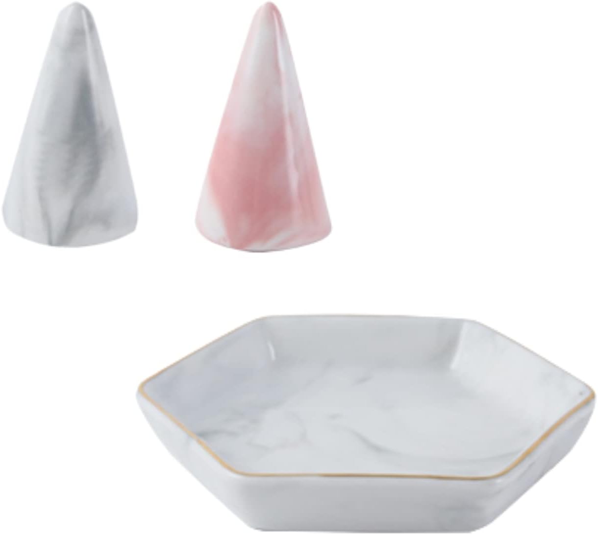 Marble Ring Holder and Ring Dish for Nightstand Ceramic Cone Tower Shape Decorative Display Stand for Jewelry Ring/Wedding Ring 3pcs set (Grey+Pink)