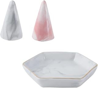 EZ PEACH Marble Ring Holder and Ring Dish for Nightstand Ceramic Cone Tower Shape Decorative Display Stand for Jewelry Ring/Wedding Ring 3pcs set (Grey+Pink)