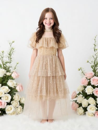 New 2-12 Years Girls Princess Dress Sparkly Tulle Tiered Ruffle Sleeve Party Dress2
