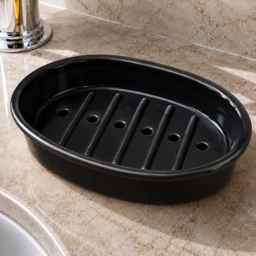 Image of Pure Source India Ceramic Soap Dish /Soap case Tray | Bath Accessories for Bathroom (13CM) (Black)