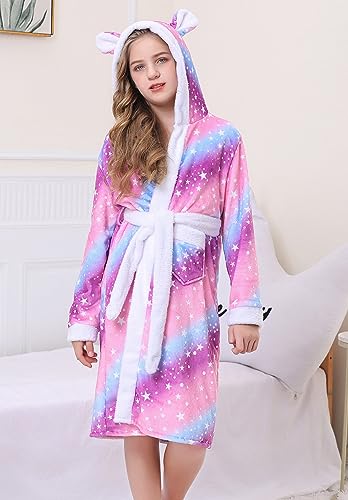 Funnycokid Girls Robes Size 10-12 Rainbow Kids Hooded Bathrobe Soft Fleece Pajamas Plush Flannel Sleepwear 10-12 Years