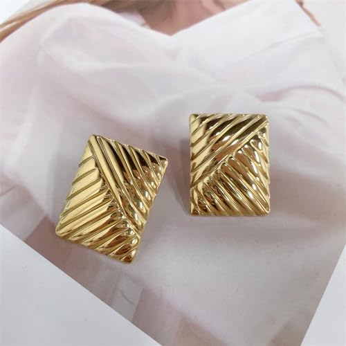Dainty Chunky Textured Rectangle18K Gold Plated Statement Big Stud Earrings for Women Vintage Trendy Stainless Steel Hypoallergenic Geometric Stripe Unique Design Studs Fashion Jewelry Gift3