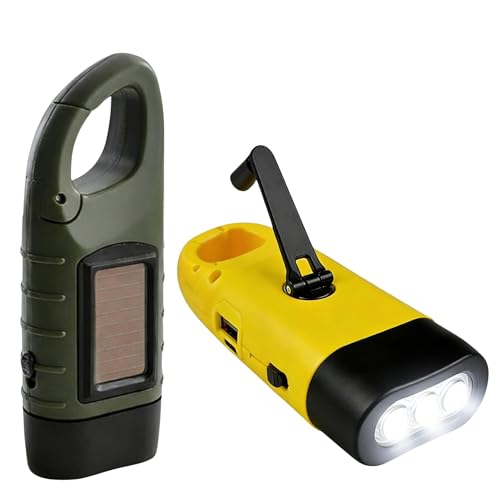2 Piezas Linterna Manivela Solar Linterna LED Recargable de Dinamo Linterna de Emergencia Super Brillante con Mosqueton Cargador USB Power Bank para Camping Senderismo Supervivencia Amarillo / Verde