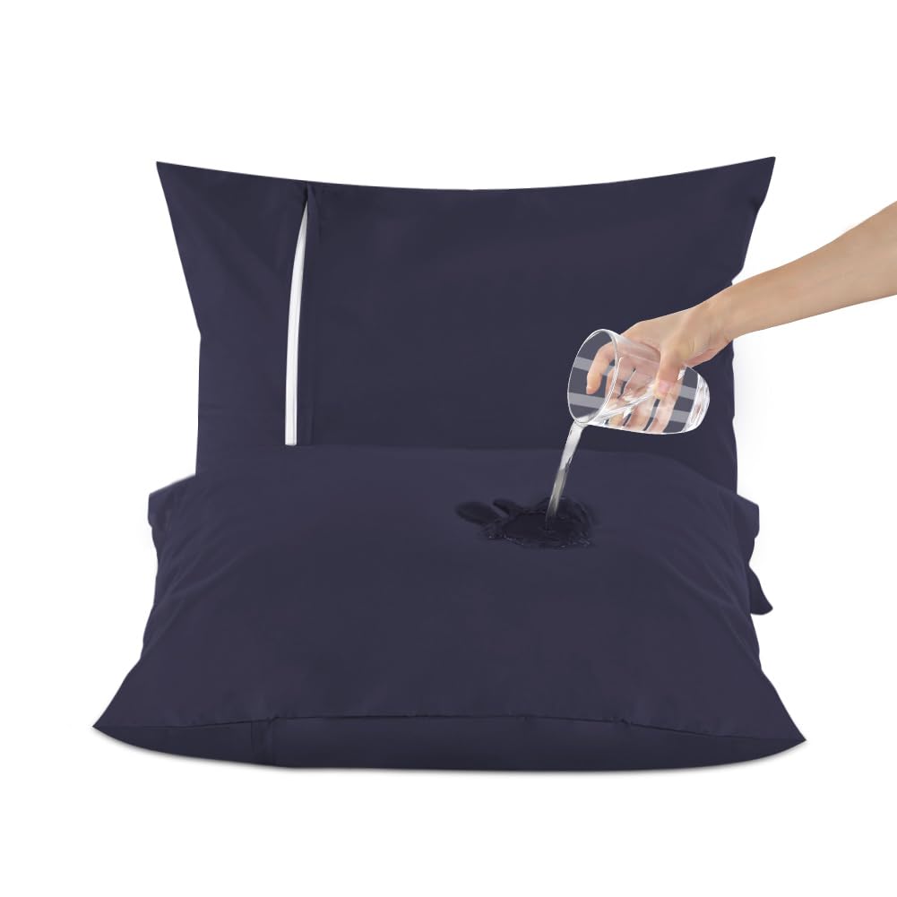 DUJUIKE Waterproof Zippered Pillow Protectors Pack of 2, Waterproof Pillow Protectors, Super Soft, Breathable, Noiseless (Dark Navy, 80 x 80 cm (2 Pack))