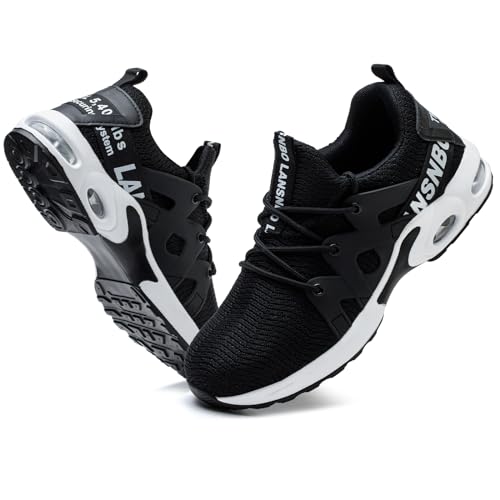 LANSNBO Steel Toe Shoes for Women Indestructible Safety Work Shoes Air Cushion Lightweight Breathable Utility Sneakers Puncture Proof Slip Resistant Composite Toe Footwear(HEI HEI 38 Black,White