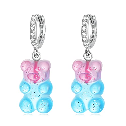 Gummy Bear Hoop Earrings - Sterling Silver Colorful Teddy Bears Resin Dangle Drop Earring Cute Pink Blue Cartoon Animal Huggies Candy Fairy Jewelry Gift for Women