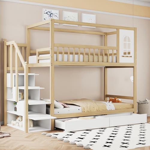 Lubvtti Litera Infantil con 2 cajones y Escalera de Almacenamiento, Cama de Matrimonio de Madera Maciza,literas Juveniles 90 x 200, Cama Infantil con Barras de Seguridad, Blanco+Natural
