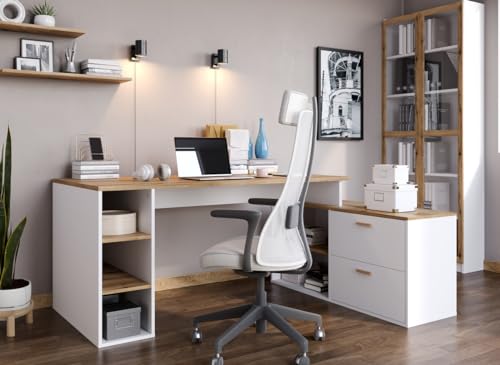 Bureau d'angle gain de place chêne et blanc PEGANE grand plateau