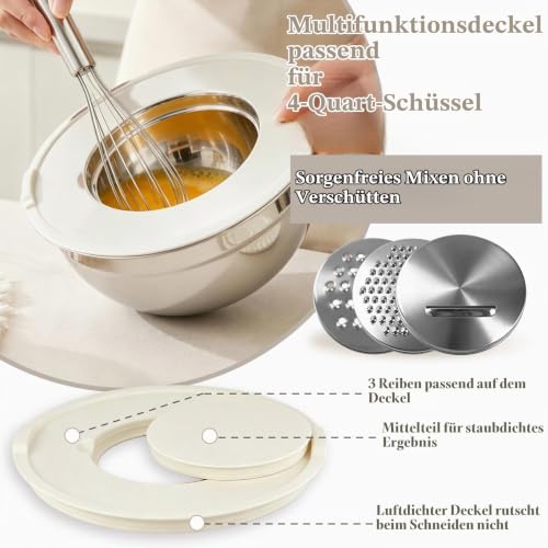 BEWOS 16-Stück Rührschüssel Set mit Deckel - Edelstahl-Rührschüssel, Nistend Design & Spülmaschinenfest, inkl. Reiben, Größen 0,7/1,1/1… – Ansicht 4