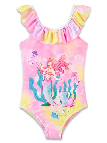 Image of Dvenki Toddler Girls One Piece Swimsuit Adjustable Straps Sizes 2T-10 | quick-dry swim fabric, skin-friendly, ruffle neckline, leopard, check, mermaid prints, swimwear for beach, pool, summer party