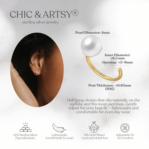 Image of CHIC & ARTSY 925 Sterling Silver Half Hoop Earrings for Women, Small Huggie Hoops Set with Ball Bar Star Moon Cross & Pearl, Lightweight Comfort Fit Everyday & Sleep Earrings