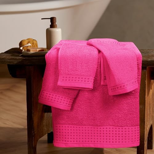 GLAMBURG Ultra Soft 3 Pack Cotton Towel Set, Contains a Bath Towel 28x55 inch, a Hand Towel 16x24 inch & a Wash Coth 12x12 inch, Ideal Everyday use, Compact & Lightweight - Hot Pink — view 2