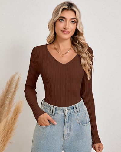 Image of Riyiper 2 Pack Women's Long Sleeve Ribbed Sweaters, V Neck Pullover Tops Slim Fit Casual T-Shirts Tight Basic Knit Tee
