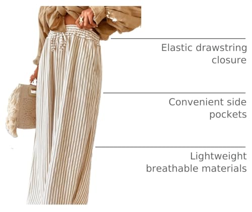 Image of Acelitt Women Drawstring Elastic Waist Wide Leg Pants with Pockets, S-XXL | Elastic waist,loose fit,side pockets,casual,2026 summer trendy,beach vacation outfits