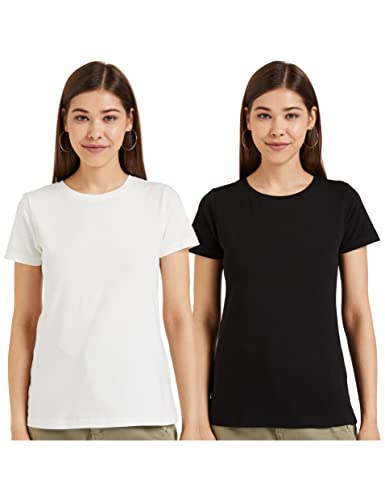 Amazon Brand – Symbol Women’s Solid Regular Fit Half Sleeve T-Shirt (RN-PO2-COMBO2-Black & White-L) (Combo Pack of 2)